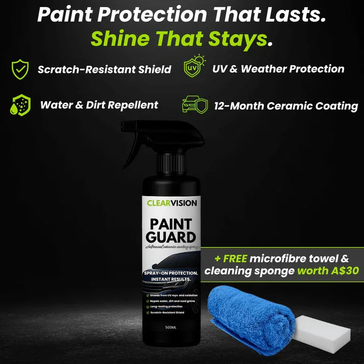 ClearVision PaintGuard spray bottle with a blue microfiber towel and white cleaning sponge