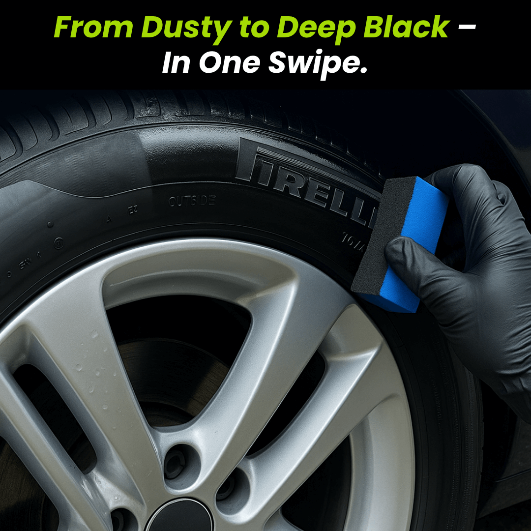 Person cleaning a car tire with a blue sponge, text 'From Dusty to Deep Black - In One Swipe.'