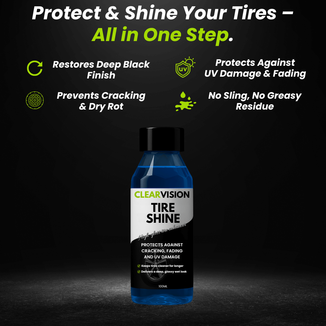 ClearVision Tire Shine bottle with product features on a dark background