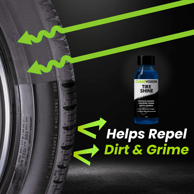 ClearVision tire shine bottle with tire and text about repelling dirt and grime