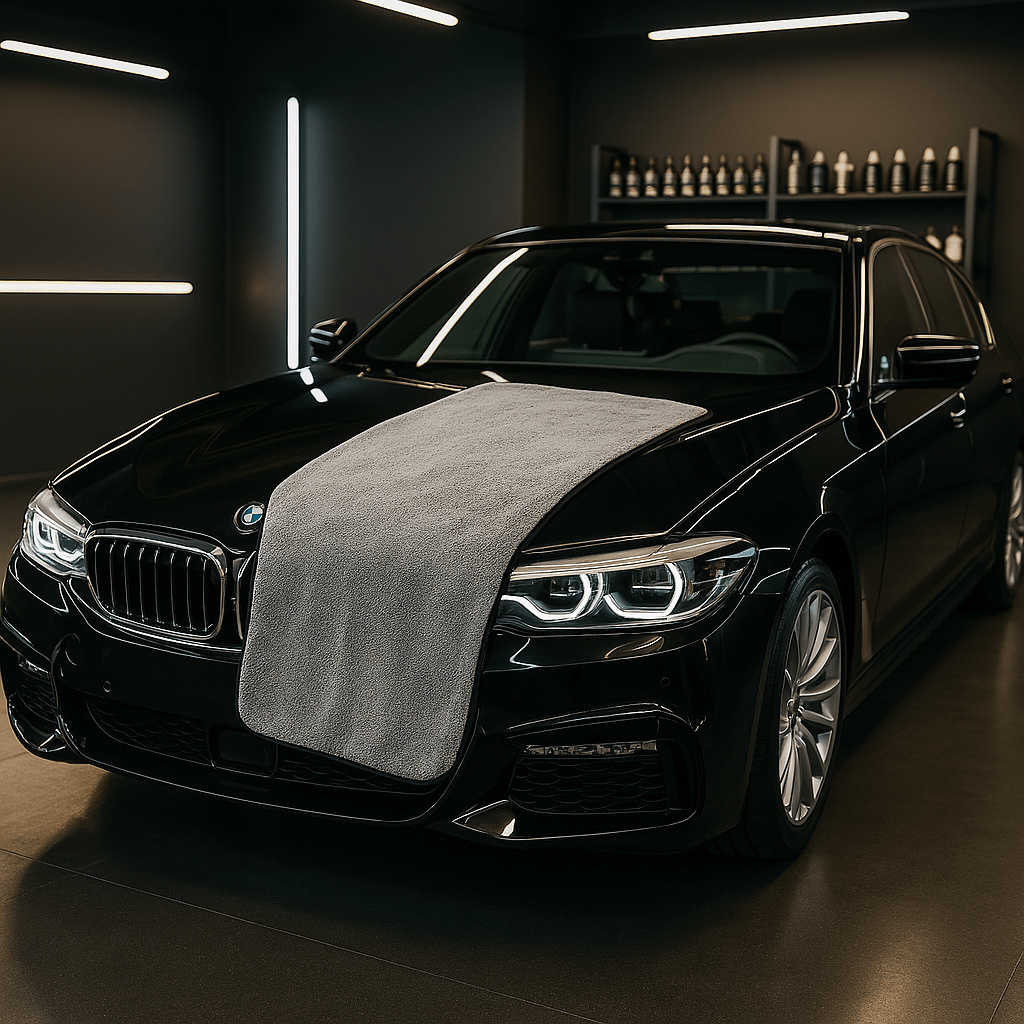 Gray microfiber car drying towel draped over the hood of a black car