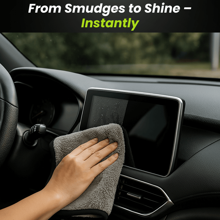 Hand wiping a car dashboard screen with a gray microfiber cloth