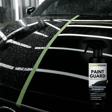 ClearVision PaintGuard spray bottle next to water beading on a black car hood